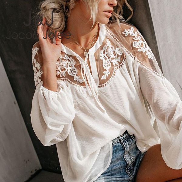 

elegant embroidery lace mesh womens shirts lantern sleeve hollow out loose chiffon casual shirt, White