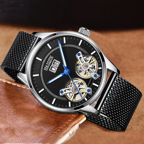 

wristwatches haiqin 2021 automatic watch men's business mens watches for men waterproof tourbillon relogio masculino, Slivery;brown