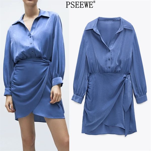 

spring blue mini satin dress women elegant knot long sleeve woman fashion elastic waist casual es 210519, Black;gray