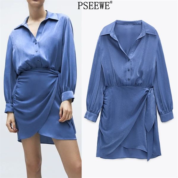 Mini abito in raso blu primaverile da donna elegante con nodo a maniche lunghe donna moda elastico in vita casual es 210519