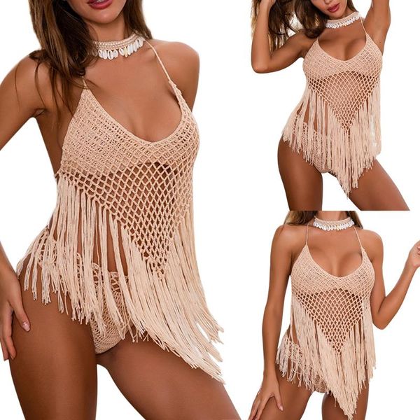 

women's swimwear women tassel swimsuit, sleeveless blouse + high-waist briefs, hand-woven hollow summer clothing 2021 fashion, White;black