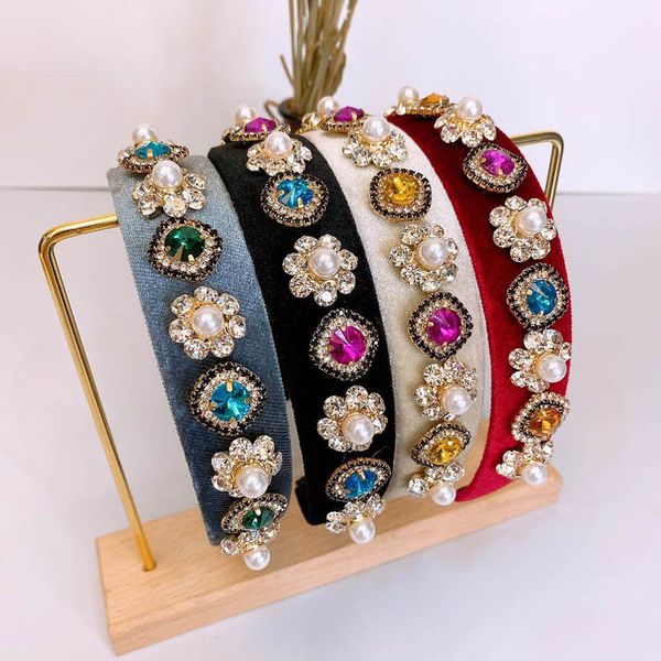 

teenage girls hair accessories sticks headbands childrens metal chain rhinestone pearl jewelry velvet kids head bands b8020, Slivery;white