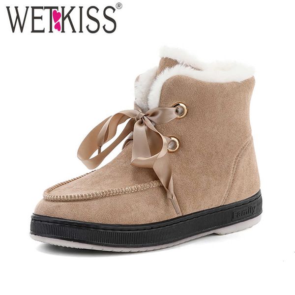 

wetkiss snow boots women non-slip fashion ankle boots lace-up thick fur warm winter boots round toe flat female shoes 210630, Black