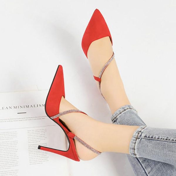 

summer fashion pumps shoes sandals cross-strap flock dress shallow back strap thin heels pointedtoe 10cmhigh, Black