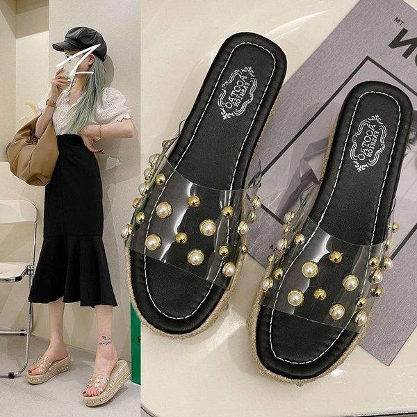 

slope heel sandals and slippers women 2021 summer wear pearl european-style fashion high-heeled comfortable, Black