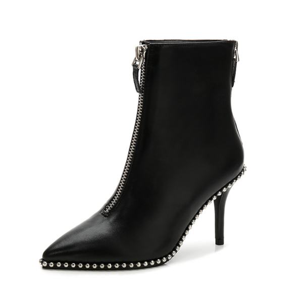 

boots fashion front back zip metal decor boarded women ankle pointed toe short booties winter ladies shoes, Black