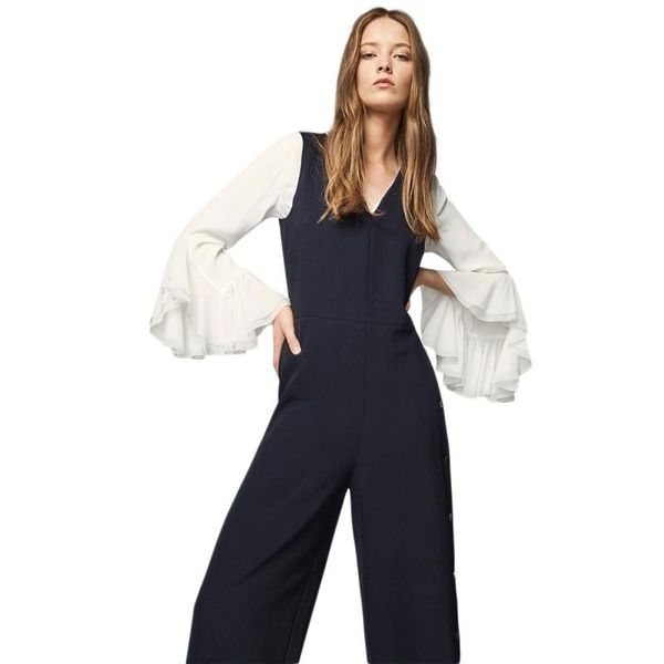 

women's jumpsuits & rompers 2021 casual solid dark blue women v-neck loose leg buttons side split mid-rise female elegant, Black;white