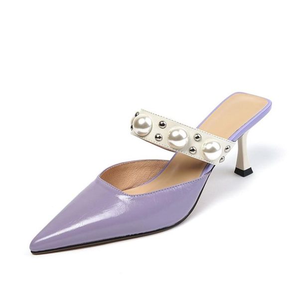 

dress shoes ochanmeb hand made natural genuine leather mules women spring summer pearls stiletto heels party wedding, Black