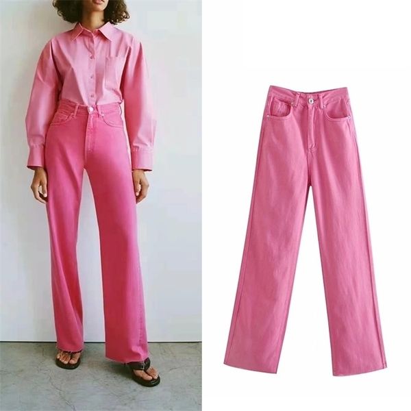 Cantas cores rosa amarelo za jeans mulher cintura alta cintura cintura borla borla solta cowboy calça front zip largo perna mulheres 210809