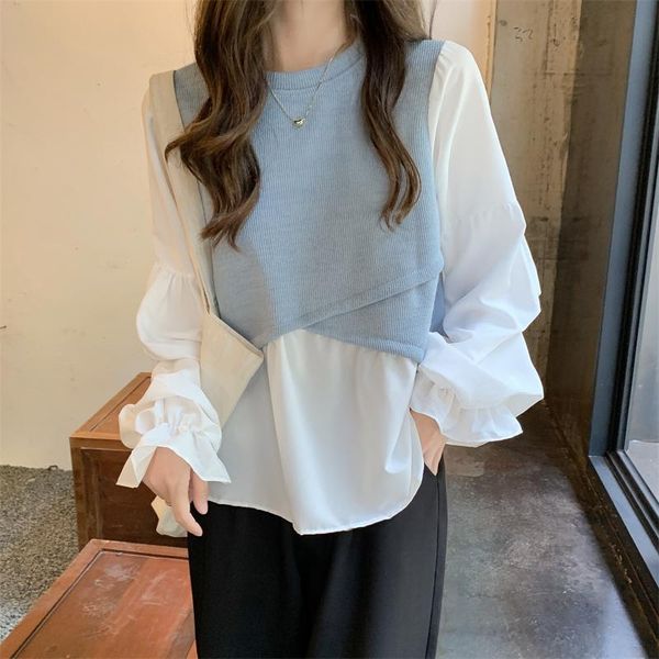 

women's blouses & shirts vintage korean fake two piece blouse women puff sleeve patchwork plus size shirt fashion blusas, White