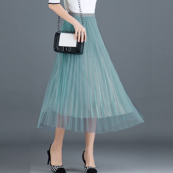 

skirts skirts summer korean metallic pleated long tulle womens shine layered mesh a-line ankle length green pink black s 3ksn