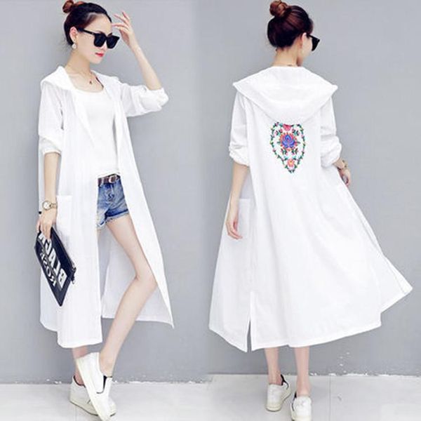 

women's trench coats the national embroidery sun protection clothing female long summer hooded sunscreen thin coat uv breathable loose, Tan;black