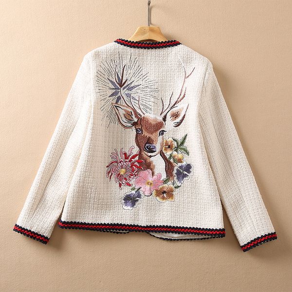 

european and american women's clothing autumn winter 2022 new long sleeve flower deer embroidery single-breasted tweed coat, Black