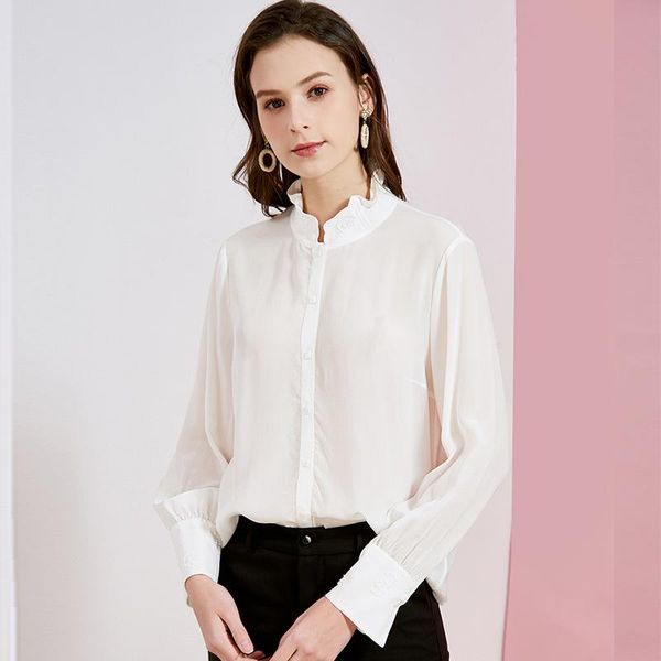 

women's blouses & shirts 100%real silk boulses for women 2021 summer white stand collar office long sleeve casual plus siz