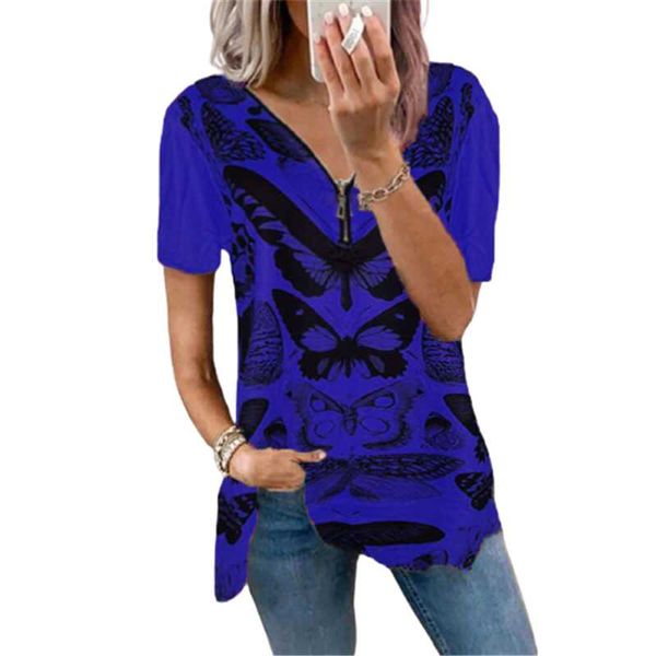 

women's t-shirt sweet butterfly print pullover zipper v-neck short sleeved tshirts women summer loose plus size casual feamle tee, White