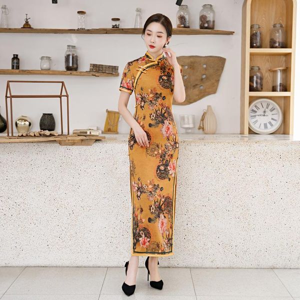 

plus size 4xl ladies chinese clothing satin silk cheongsam elegant daily traditional dress mandarin collar long qipao ethnic, Red