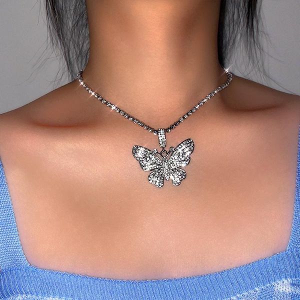

chains gold silver color butterfly pendant necklace for women animal crystal tennis chain necklaces fashion boho rhinestone jewelry