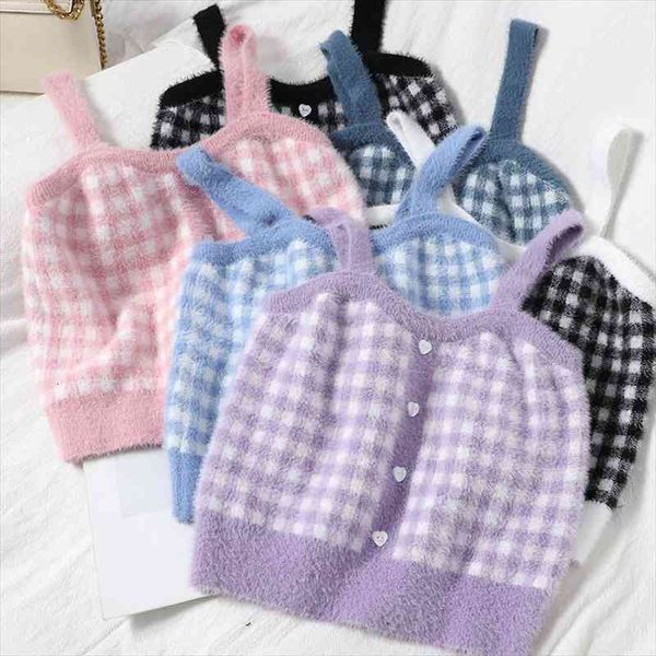 

spring women fashion soft plaid knitting tank girls knitted camisole solid autumn crop top, White