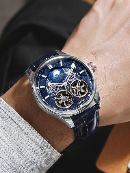 

wristwatches hanboro men's watch student trend double tourbillon waterproof hollow automatic mechanical swiss ten brands, Slivery;brown