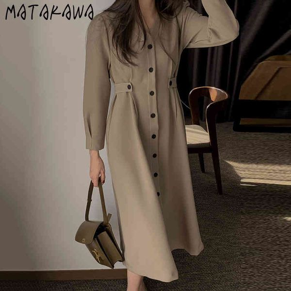 

matakawa elegant v-neck femme robe single-breasted line woman dress korean chic slim waist design vestido women 210513, Black;gray