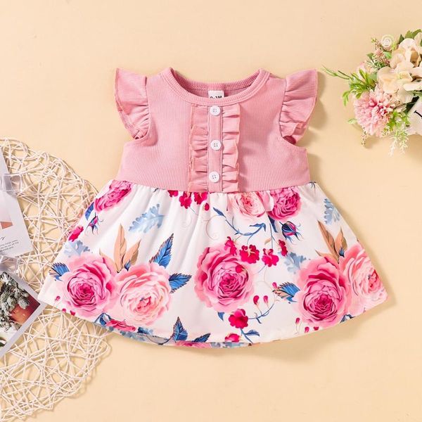 

girl's dresses summer dress toddler baby girl keen length floral flared short sleeve ruffle overall flower outfits, Red;yellow