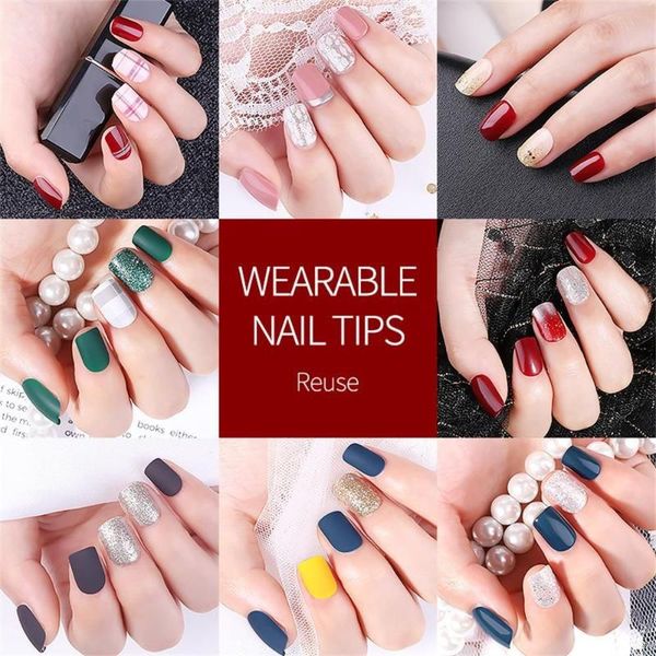 

false nails 30pcs fashion women fake stick on press full cover reusable acrylic detachable nail art manicure tools, Red;gold