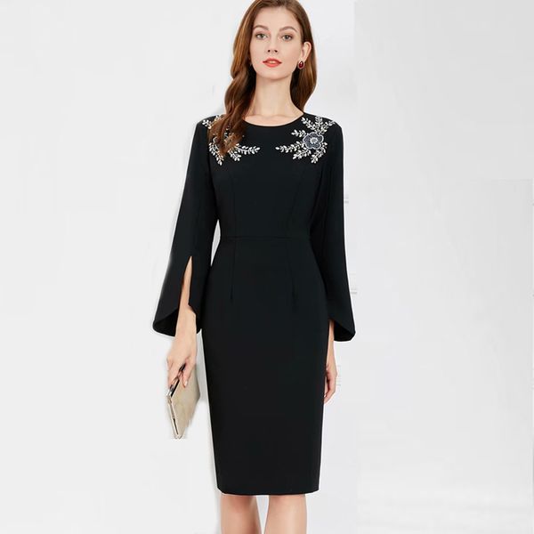 

women's dresses o neck long sleeves rhinestone beaded fashion pencil dress elegant vestidos, Black