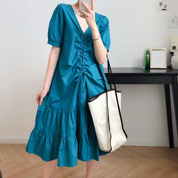 

women's summer pleated royal blue super fairy long dresses ladies v neck short sleeve oversized chic dress for fashion 210520, Black;gray