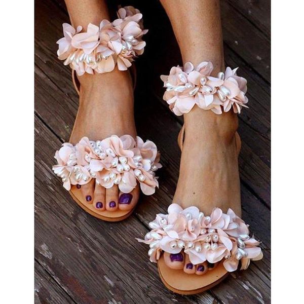 

summer flat sandals women flowers handmade beaded rhinestones pearl lady wind plus size 34-43, Black