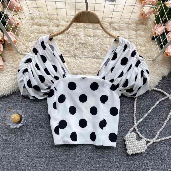 

small fresh and sweet age-reducing blouse women's design sense niche pleated puff sleeve slim short polka-dot shirt 210709, White