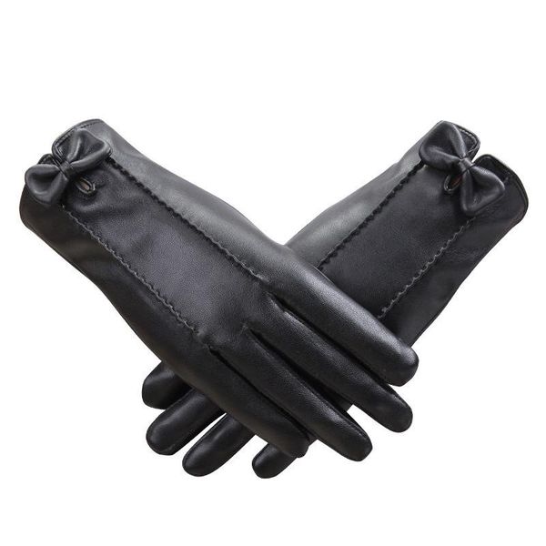 

cycling gloves women's leather autumn and winter fleece lined padded warm keeping butterfly korean thin touch screen, Black