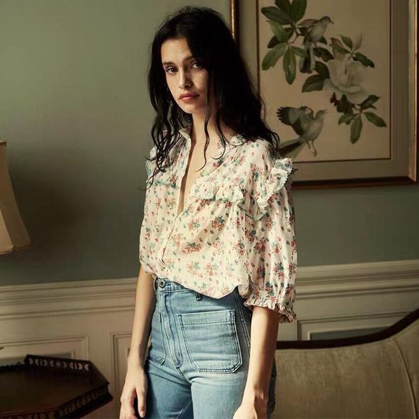 

women's blouses & shirts women floral blouse 2021 spring summer v-neck cotton single breasted short sleeve shirt ladies girls clothes, White