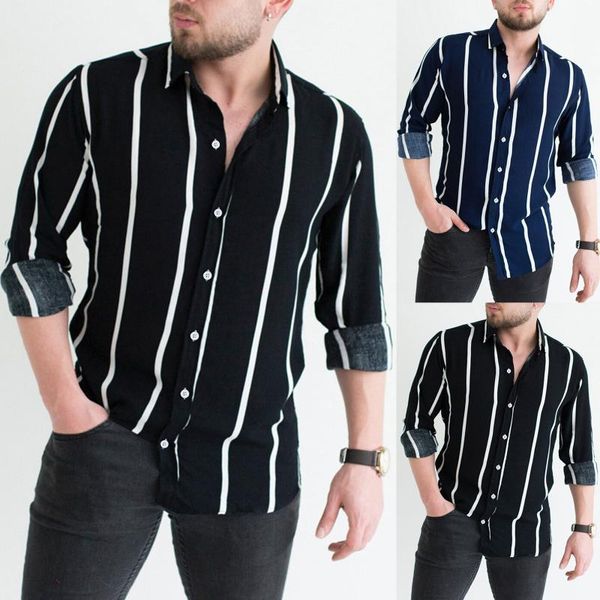 

men's casual shirts -3xl plus size men striped autumn long sleeve button turn down collar loose blouse shirt camisa masculina, White;black