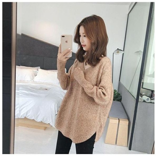 

women's t-shirt lazy pullover sweater loose outer knitted long sleeve winter thickened v-neck, White