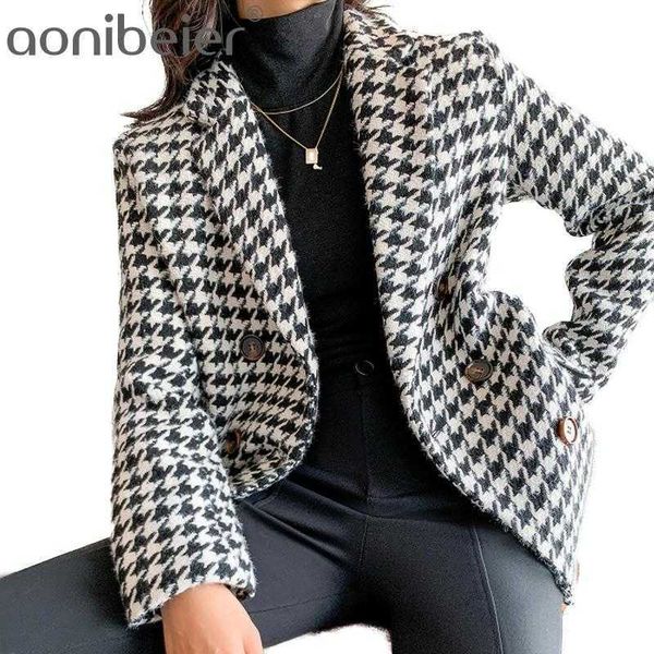 

women tweed jackets office ladies black tassel houndstooth coats female autumn vintage thick plaid coat girls chic 210604, Black;brown