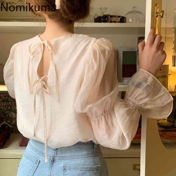 

nomikuma women shirt spring korean chic puff sleeve blouse causal back bow tie sweet pullover blusas feminimos 6f110 210427, White