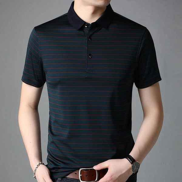 

mengtejiao 2021 summer silk fabric short sleeve t-shirt men's stripe fashion lapel leisure business pants, Black