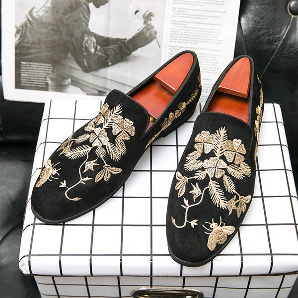

dress shoes spring and autumn men velvet loafers party wedding europe style embroidered slippers driving moccasins ndqo, Black