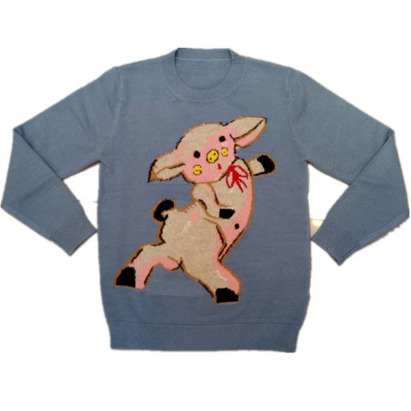 

autumn and winter 2018 new round neck pullover cartoon jacquard pig long sleeve knitted sweater, White;black