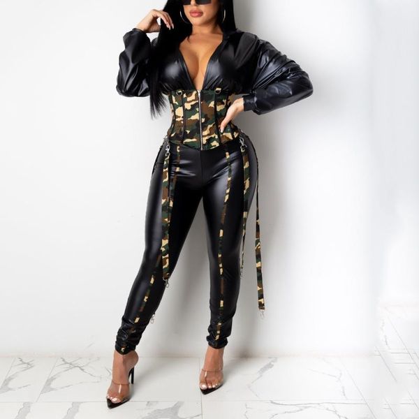 

women's tracksuits 2021 autumn winter 2 pieces matching sets black leather blouse skinny long pants evening night club wear, Gray