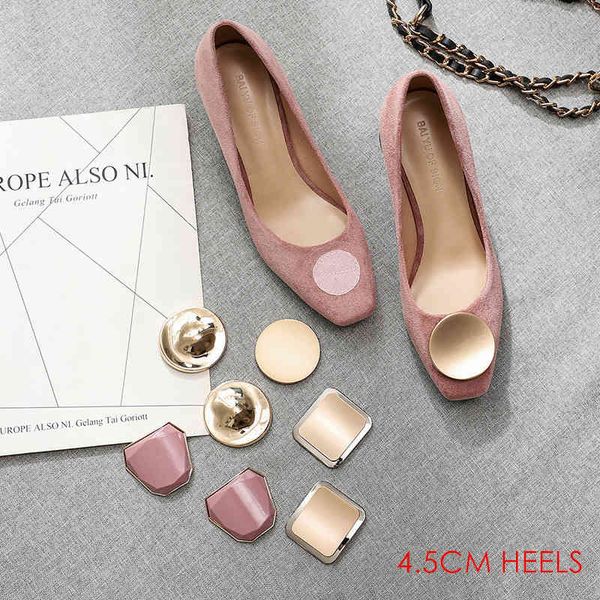 

dress shoes spring woman solid slip ons career office lady square high faux suede women pumps party wedding heels 4 buckles 05v2, Black