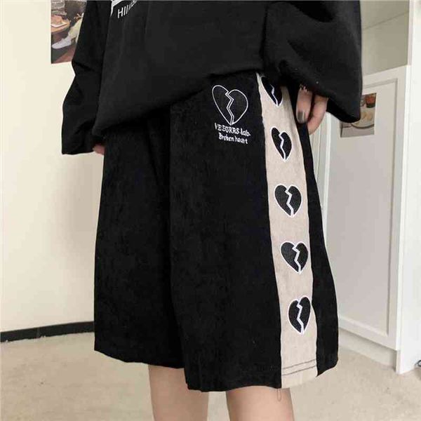 

heart embroidery harajuku casual loose straight elastic waist shorts beach party korean hip-hop streetwear female summer vintage, White;black