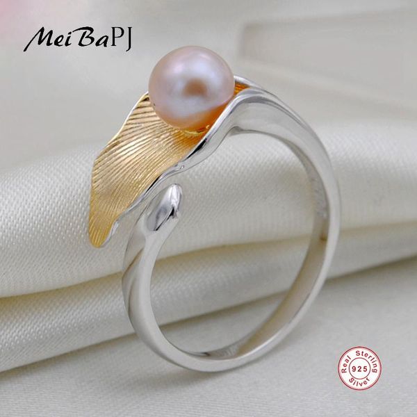 

cluster rings [meibapj] very beautiful fashion 925 sterling silver ring natural freshwater pearl lily leaf for women fine charm jewelry, Golden;silver