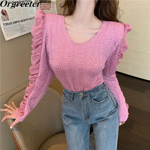 

spring fall v-neck blouse women chic design fold puff sleeve chiffon patchwork elastic bottoming shirt 210525, White