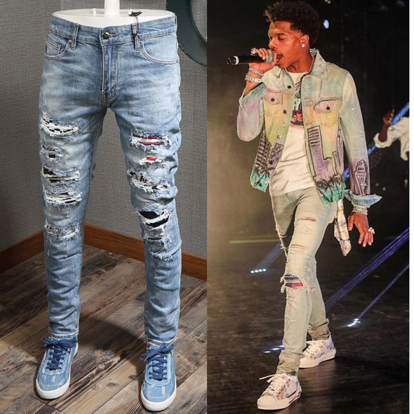 

patch detail biker fit jeans men slim motorcycle for mens vintage distrsed denim jean, Blue
