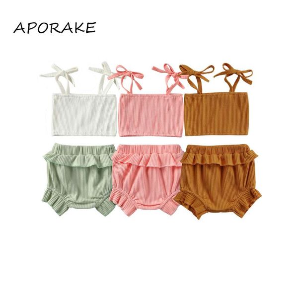 

clothing sets 2021 0-24m 3 colors infant baby girl knitted straps bandage colid crop ruffle triangle shorts casual summer 2pcs, White