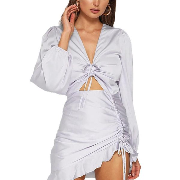 

summer women long sleeve v-neck ruffles draped mini dress 2021fashion ladies streetwear party solid color vestido s-l casual dresses, Black;gray