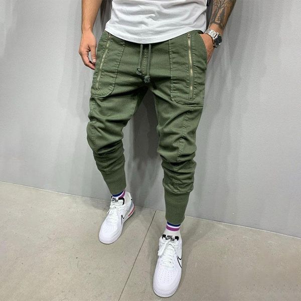 

men's pants cargo men 2021 hip hop streetwear cotton fashion casual multi-pocket zipper pencil green joggers sweatpants, Black