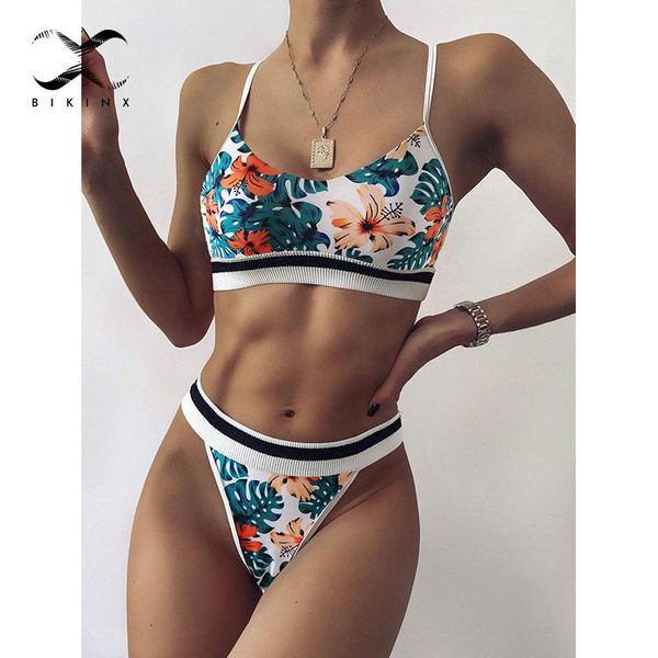 

women's swimwear patchwork ribbed swimsuit women bandeau push up bikini set high cut floral print bathing suit beach wear biquini, White;black