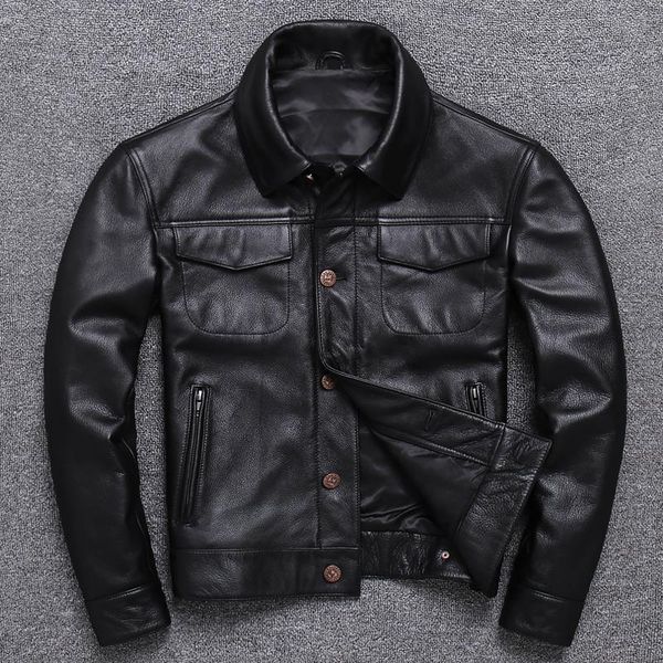 

men's leather & faux genuine jacket men short biker retro locomotive 2021, Black